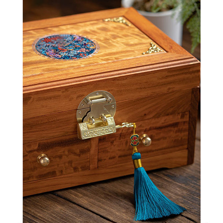 Caja de almacenamiento de joyería de palisandro hecha a mano antigua, caja organizadora de regalo de madera con flores de doble capa grande con cerradura