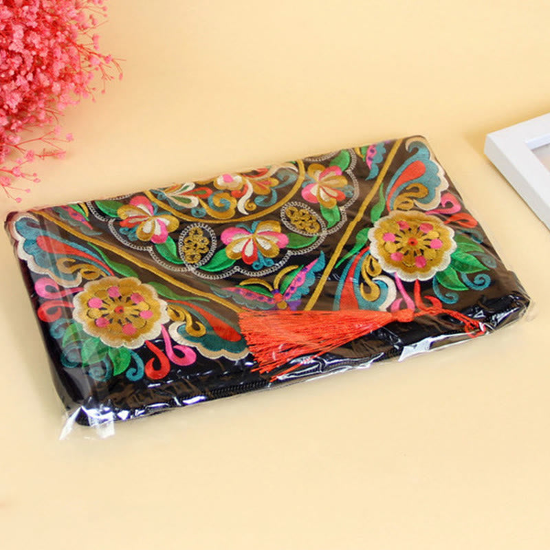 Cartera de compras con bordado de flores de Buddha Stones, dragón, mariposa, cosmos