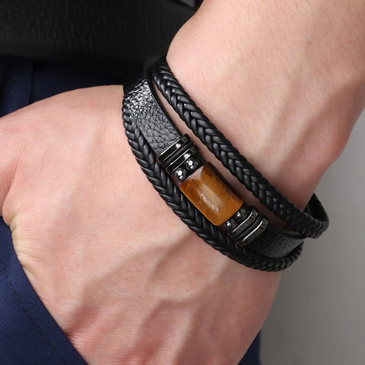 Pulsera de cuero multicapa con hebilla magnética y ojo de tigre con Buddha Stones - image 3