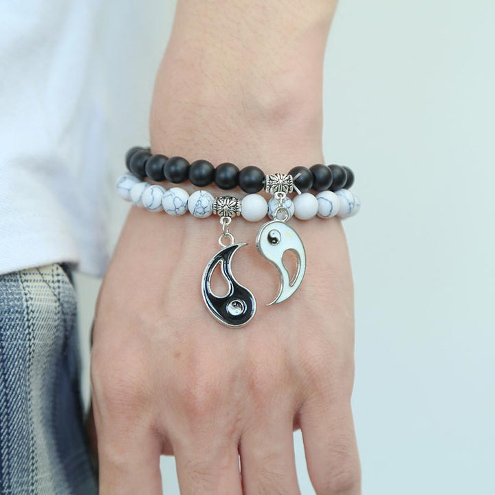 Buddha Stones 2 uds. Pulsera de pareja Yin Yang con cuentas de turquesa blanca y ónix negro Natural