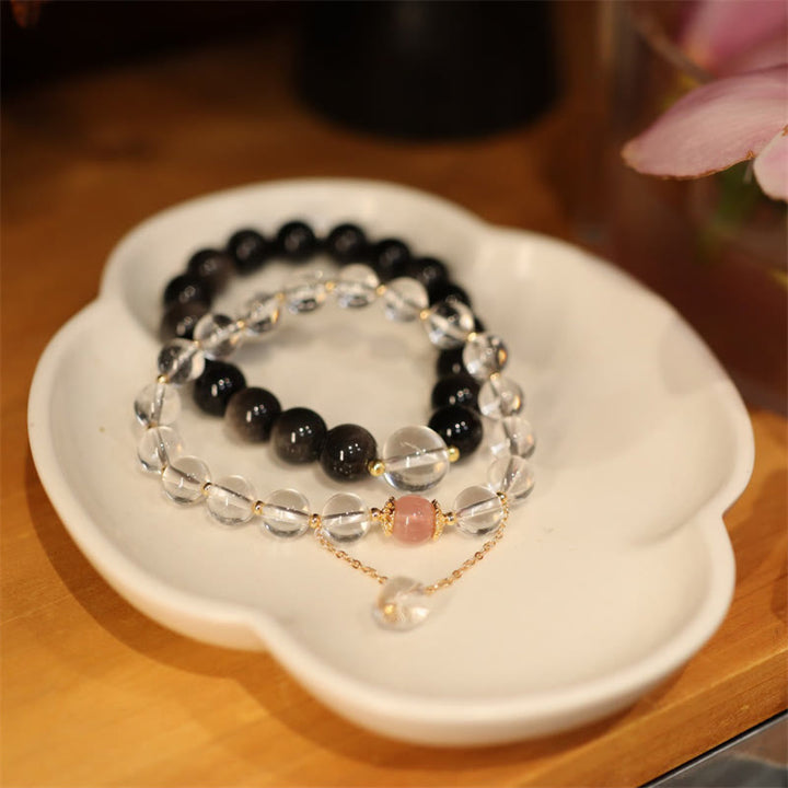 Pulsera de pareja de Color Yin Yang con protección de cristal blanco de cristal rosa obsidiana con brillo de plata Natural - image 7