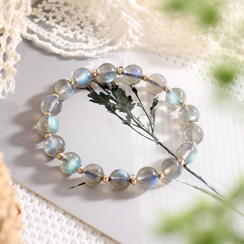 Pulsera de amor curativa con piedra lunar natural chapada en oro de 14 quilates con Buddha Stones