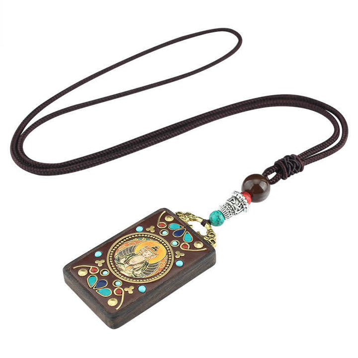 Colgante de collar de paz de ébano Thangka, dios de la riqueza del Tíbet, Buddha Stones