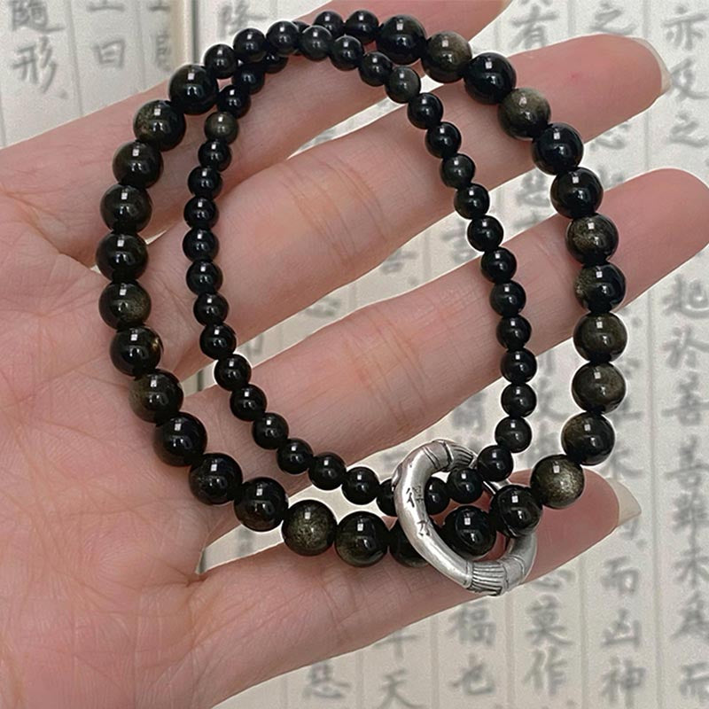 Pulsera de doble capa de obsidiana negra de plata de ley 999 con Buddha Stones