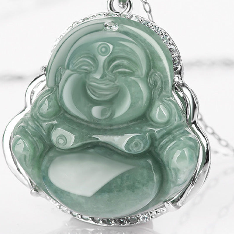 Collar con colgante de cadena de jade de Buda sonriente de plata de ley 925 con Buddha Stones - image 6