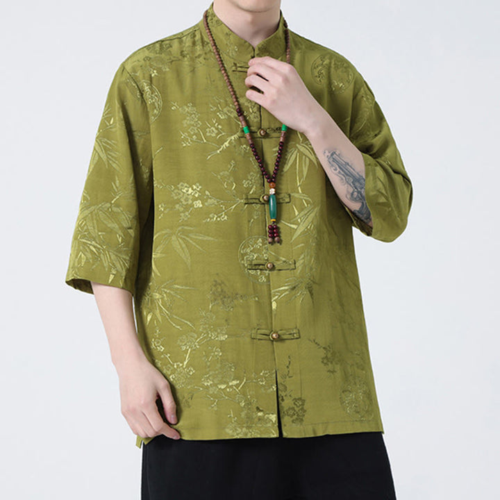 Camiseta china de media manga con botones de rana y hojas de bambú, flor de melocotón, Buddha Stones , camiseta para hombre
