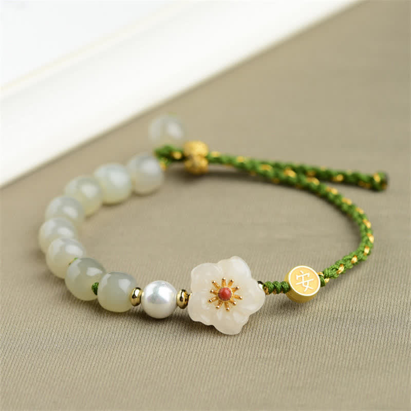 Pulsera de la suerte de flor de melocotón de jade hetiano natural de plata de ley 925