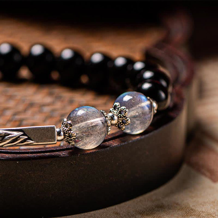 Pulsera de pareja de fuerza de piedra lunar de obsidiana de plata de ley 925