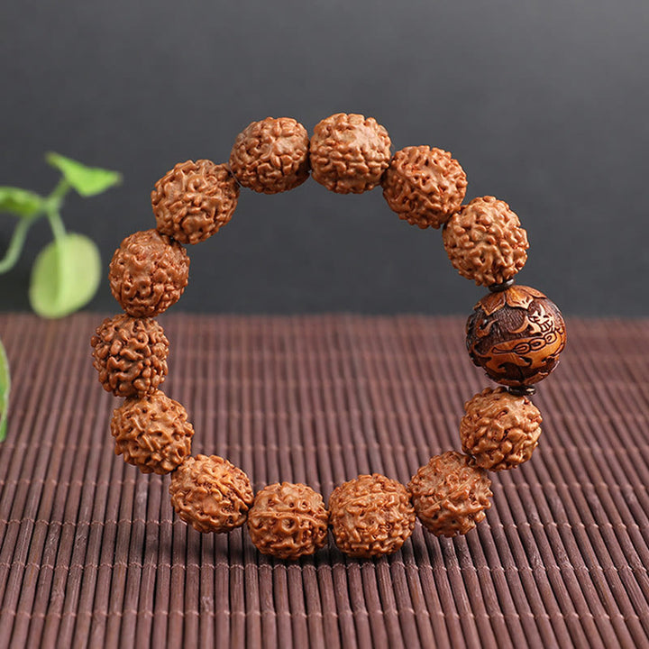 Pulsera de la suerte de la riqueza de la moneda de cobre de PiXiu de la semilla de Bodhi de Rudraksha del Tíbet con Buddha Stones