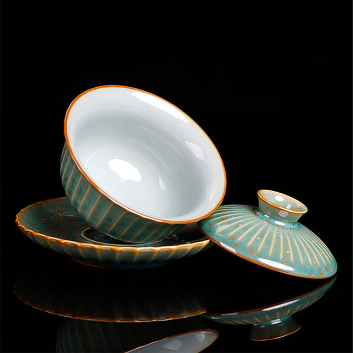 Taza de té y platillo con tapa, cerámica Gaiwan Sancai, cambio de horno de esmalte Retro, Buddha Stones , Kung Fu - image 9