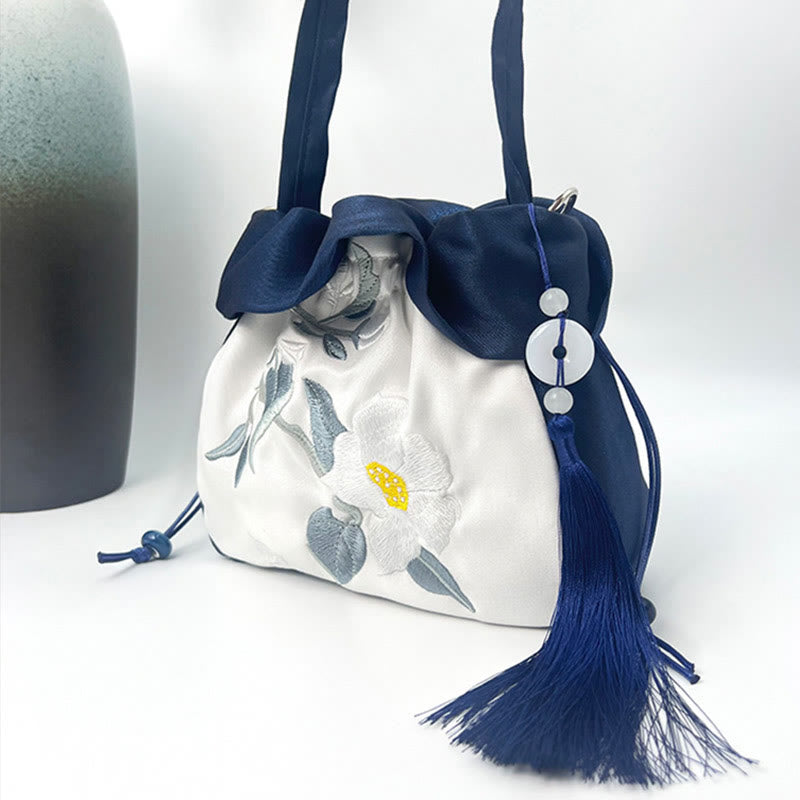 Buddha Stones Suzhou Bordado Camelia Magnolia Peonía Loto Seda Bolso Bandolera Bolso Bandolera Bolso