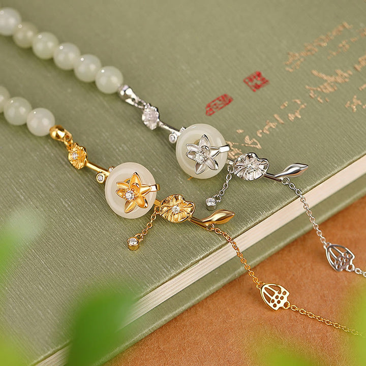 Pulsera de cadena de la suerte de loto con hebilla de la paz de jade hetiano de plata de ley 925 con Buddha Stones