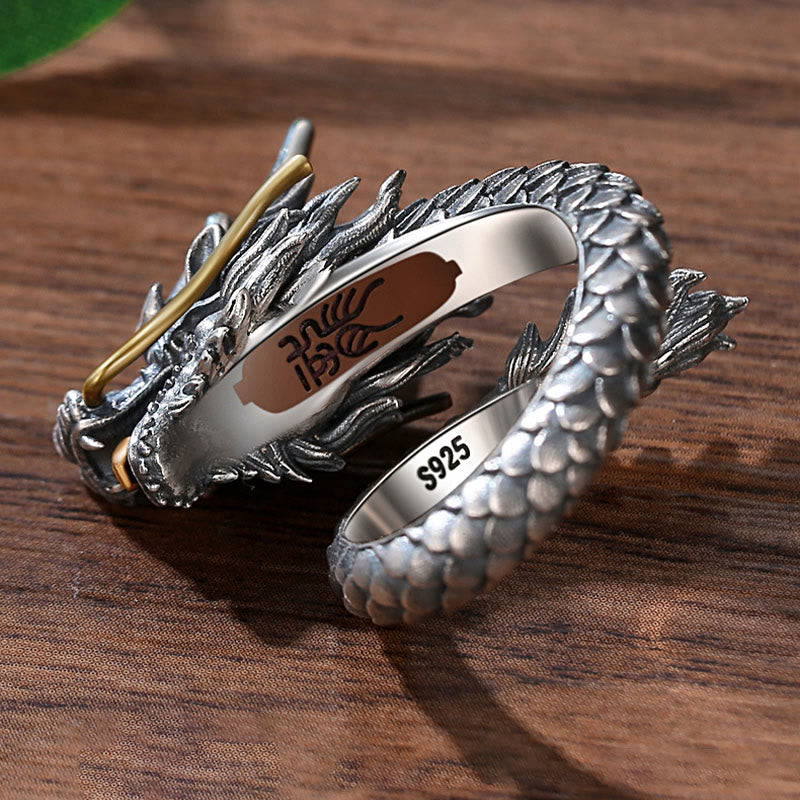 Anillo ajustable de fuerza de protección con diseño de dragón vintage de plata de ley 925 con Buddha Stones