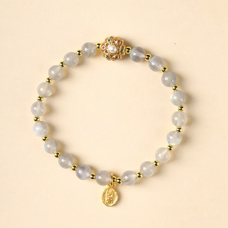Buddha Stones chapadas en oro de 14 quilates, cuarzo fresa natural, labradorita, piedra solar, personaje Fu, pulsera con dije positivo