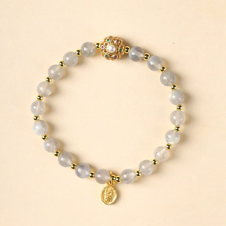 Buddha Stones chapadas en oro de 14 quilates, cuarzo fresa natural, labradorita, piedra solar, personaje Fu, pulsera con dije positivo