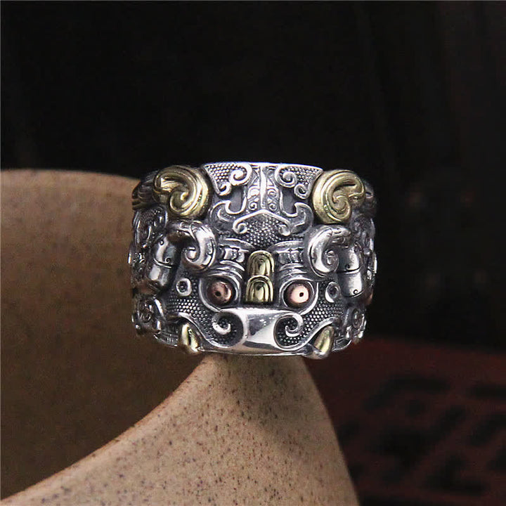 Anillo ajustable de protección de ganado Fengshui Kui de plata de ley 925
