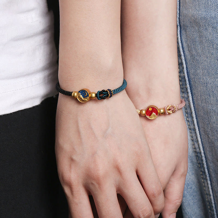 Pulsera de pareja de cuerdas de dos colores con Buddha Stones hechas a mano con grabado de montaña y mar de la suerte