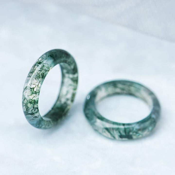 Anillo de equilibrio curativo con ágata musgo y Buddha Stones