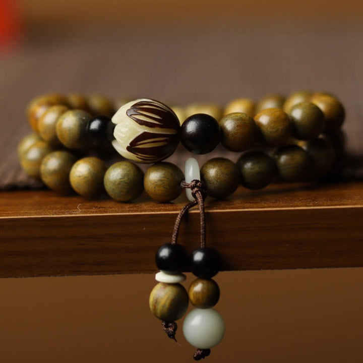 Pulsera de doble vuelta relajante con Buddha Stones, sándalo verde, semilla de Bodhi, loto