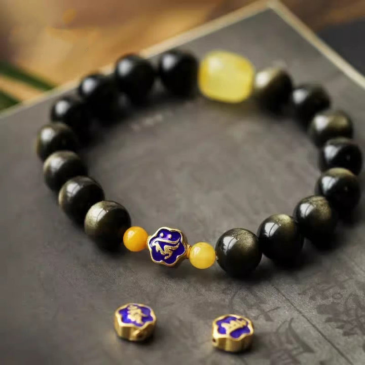 Pulsera de protección de la riqueza, Plata de Ley 925 con Buddha Stones , zodíaco chino, Buda natal, brillo de oro Natural, obsidiana, ámbar - Perro/Cerdo-Buda Amitabha - image 0
