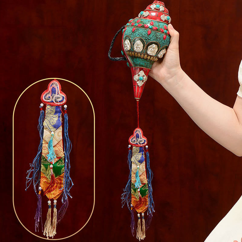 Tibetano hecho a mano Shankha Om Mani Padme Hum Buda Avalokitesvara turquesa Concha decoración positiva - image 11