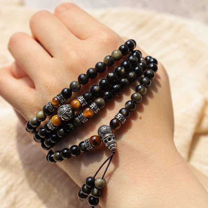 Collar Pulsera Energía Obsidiana Dorada