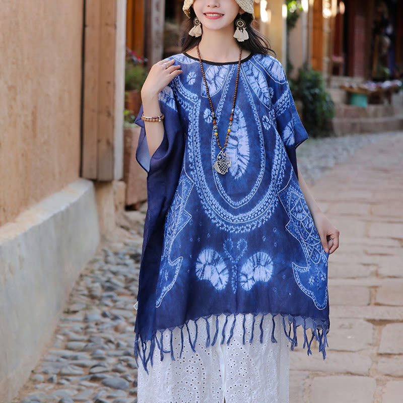 Jersey de viaje acogedor con borlas y chal Batik geométrico azul de Buddha Stones 90*95cm