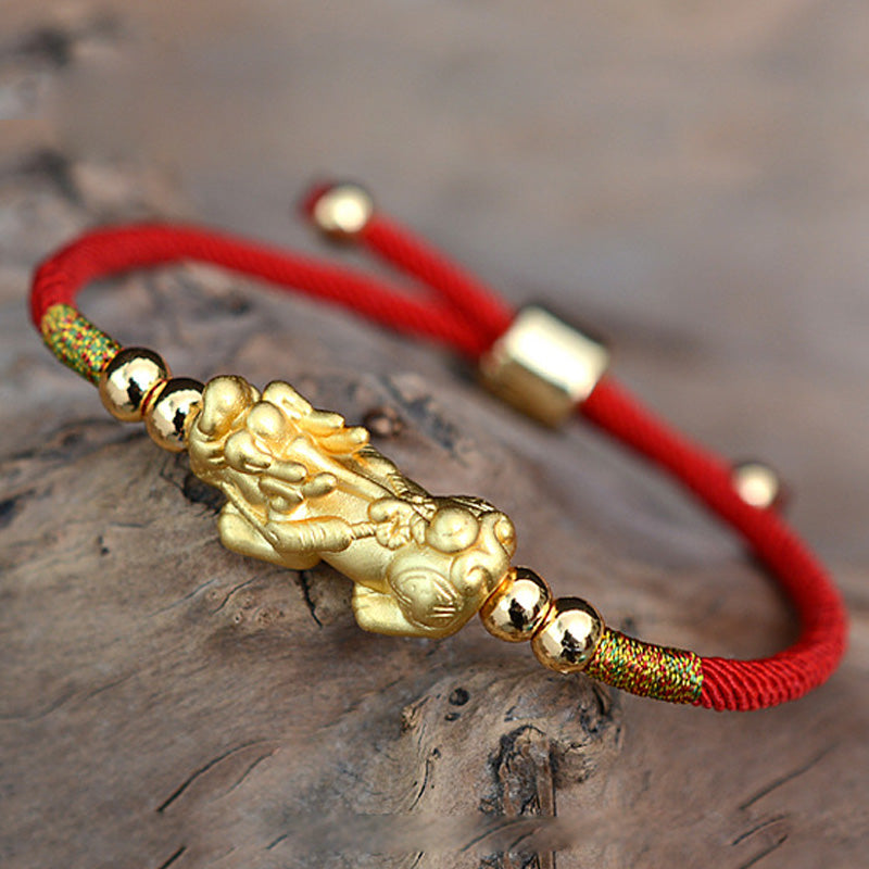 Pulsera de hilo rojo de la suerte PiXiu chapada en oro de 24 quilates con Buddha Stones - image 2