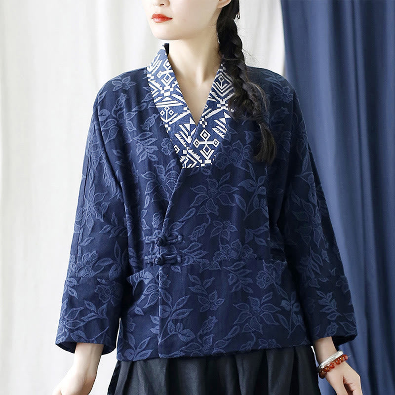 Chaqueta de manga larga con cuello en V y jacquard floral con Buddha Stones