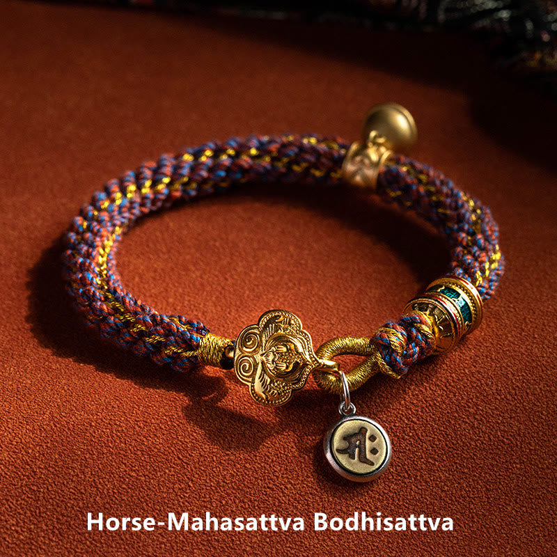 Pulsera de cuerda trenzada con campana de la suerte, Om Mani Padme Hum, Buda natal del zodíaco chino, Plata de Ley 925 con Buddha Stones