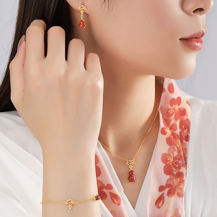 Juego de pendientes con colgante de collar y pulsera de confianza con Buddha Stones, Plata de Ley 925, ágata roja, calabaza, nubes propicias