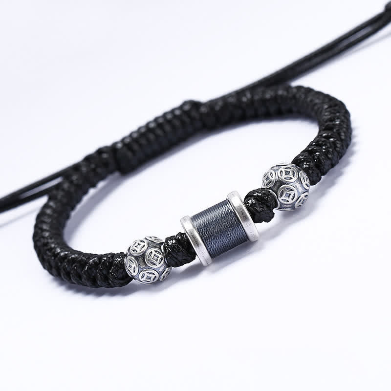 Pulsera de hilo trenzado con cuentas de moneda de cobre y plata de ley 999 con Buddha Stones