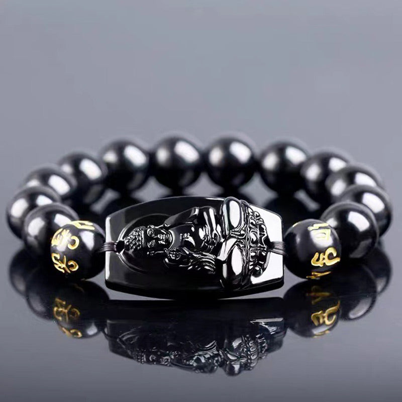 Pulsera de protección de obsidiana del zodiaco chino con Buddha Stones
