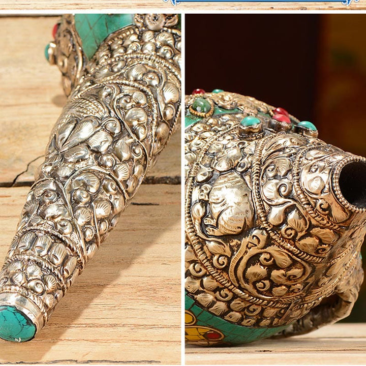 Tibetano hecho a mano grabado Shankha doble Dorje Buda Concha riqueza decoración positiva