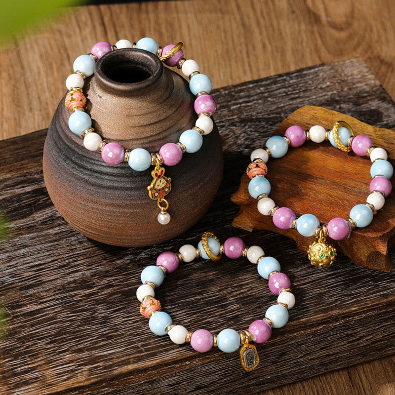 Buddha Stones tibetano Zakiram diosa de la riqueza conejo cabeza de león encanto Liuli vidrio incienso ceniza porcelana cuentas pulsera de protección