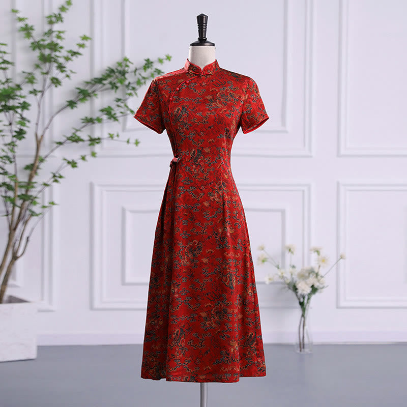 Vestido Cheongsam con estampado de hojas y nubes propicias vintage de Buddha Stones vestido Qipao para mujer - Nubes rojas auspiciosas - US16, UK/AU20, EU48 (5XL) - image 0