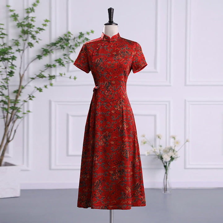 Vestido Cheongsam con estampado de hojas y nubes propicias vintage de Buddha Stones vestido Qipao para mujer - Nubes rojas auspiciosas - US16, UK/AU20, EU48 (5XL) - image 0