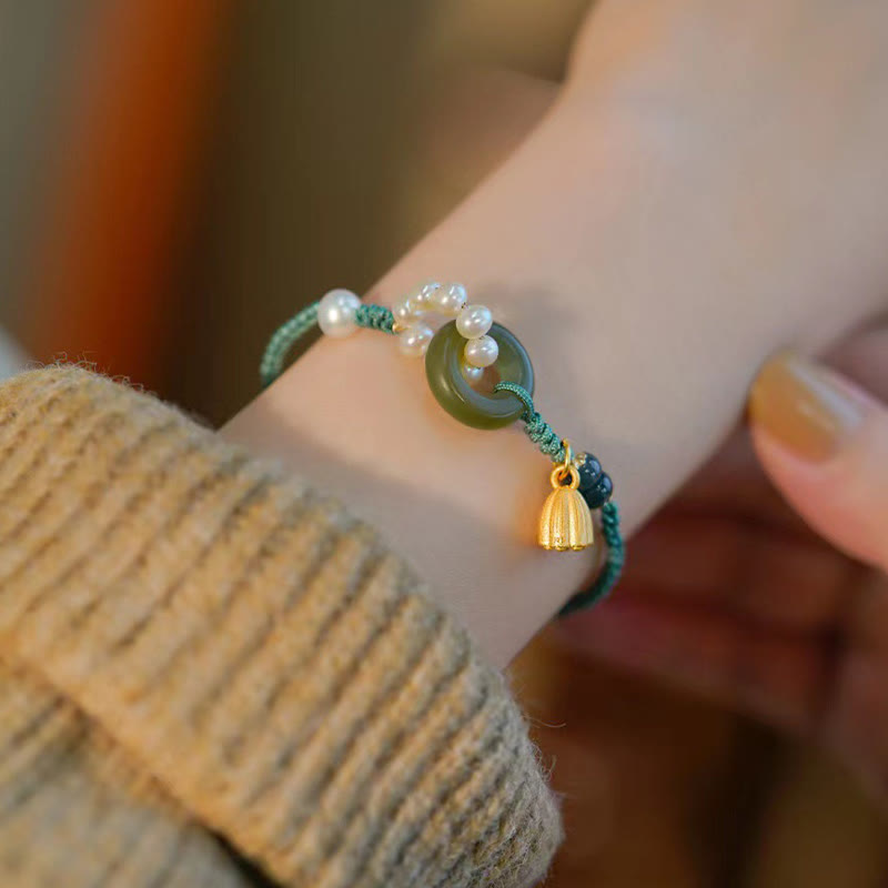 Pulsera trenzada hecha a mano con Buddha Stones, jade hetiano natural, hebilla de la paz, perla de la suerte