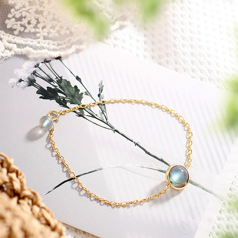 Pulsera de amor curativa con piedra lunar natural chapada en oro de 14 quilates con Buddha Stones