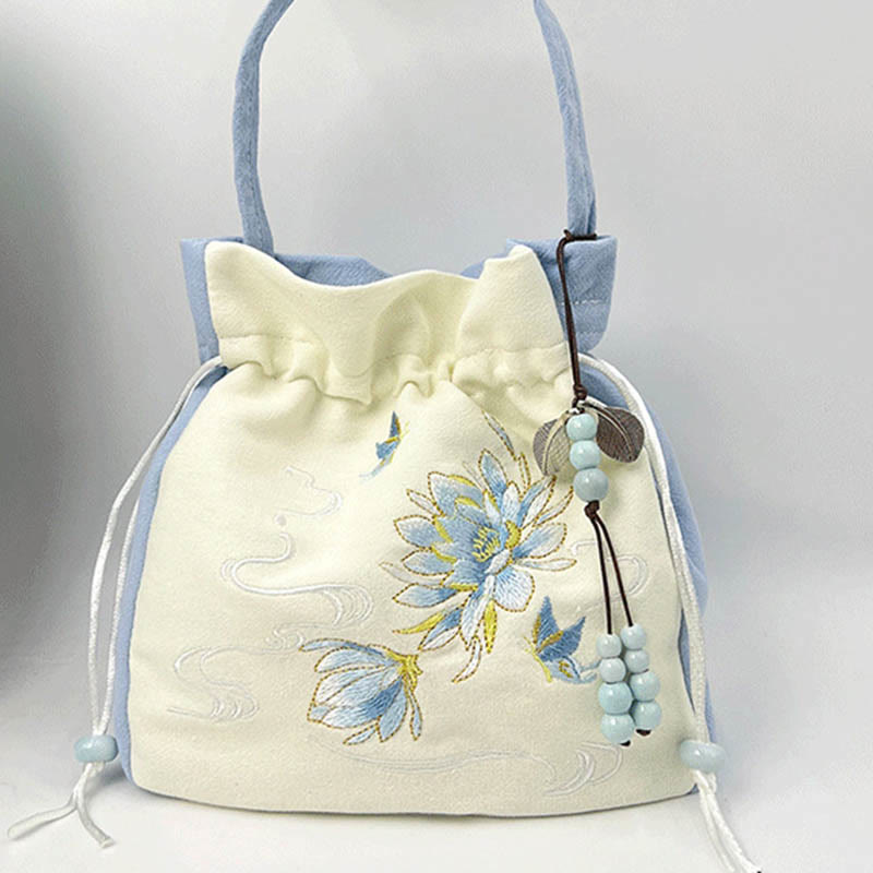Bolso bandolera con Buddha Stones, bordado, mariposa, loto, magnolia, algodón y lino