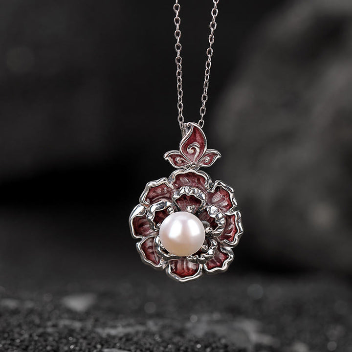 Colgante de collar curativo con perlas de flor de peonía de plata de ley 999 con Buddha Stones