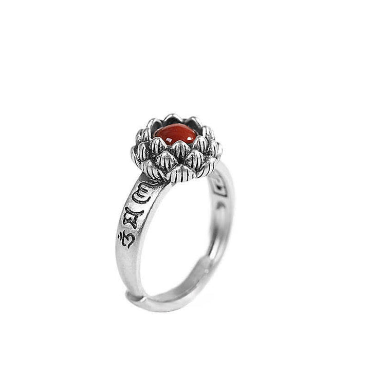 Anillo de bendición de confianza de ágata roja de loto de plata de ley 925