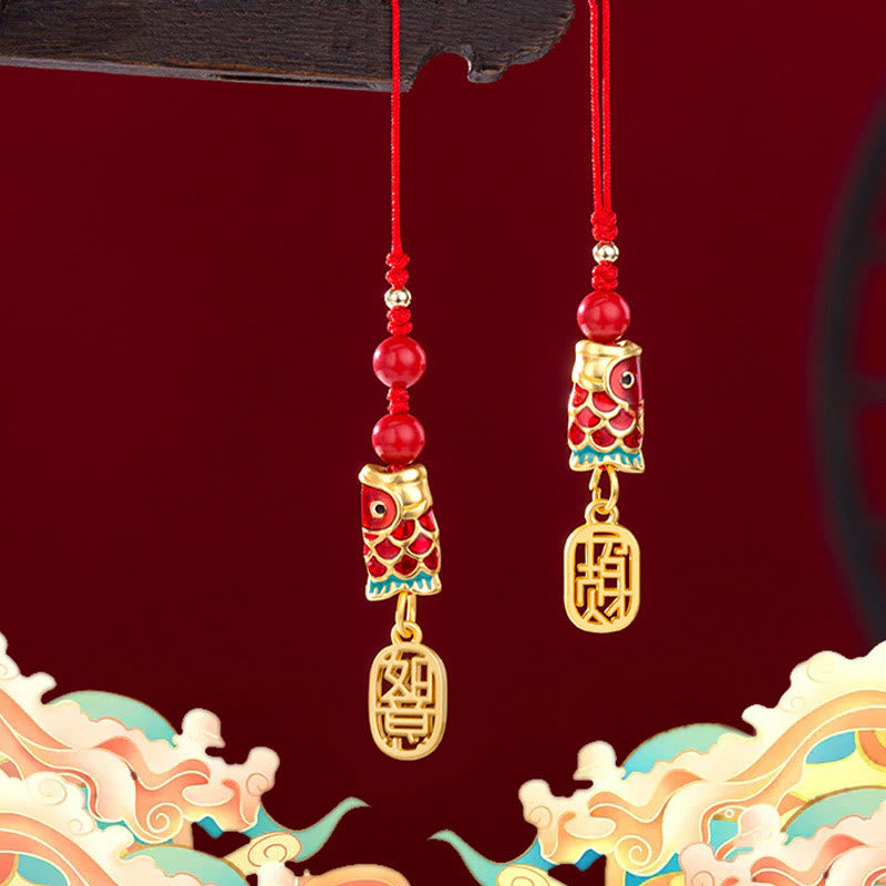 Buddha Stones, pez Koi, cinabrio que atrae la riqueza, deseo Ruyi, amuleto de suerte, decoración colgante para teléfono