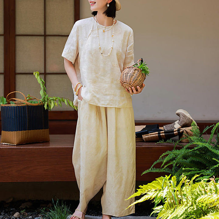 Blusa suelta de lino de ramio con Buddha Stones , camisa de manga corta, Top de estilo chino