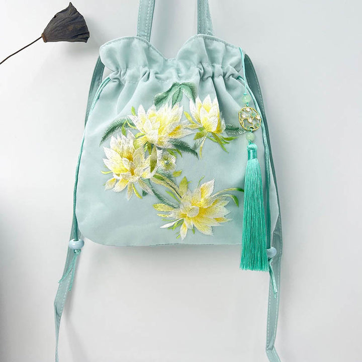 Buddha Stones Suzhou bordado Lotus Deer Epiphyllum peonía conejo algodón lino bolso bandolera bolso de hombro