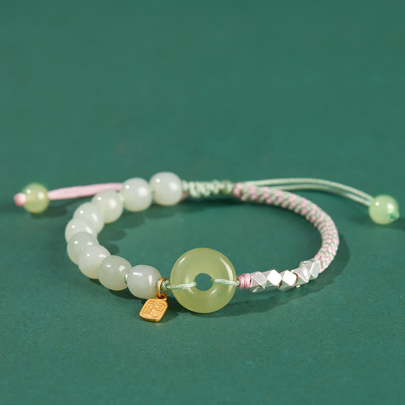 Pulsera de plata de ley 925 con hebilla de paz y jade hetiano con cuentas de suerte y felicidad