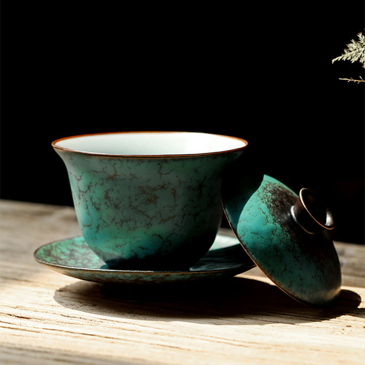 Taza de té y platillo de cerámica con esmalte verde Retro , Buddha Stones , Gaiwan Sancai, Kung Fu, con tapa