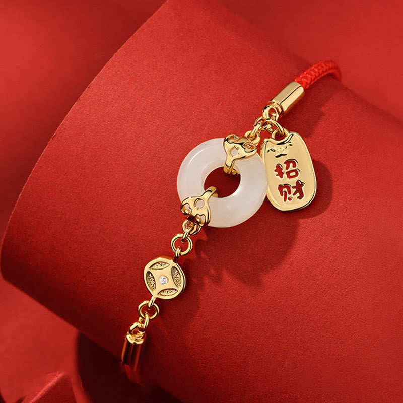 Pulsera de bendición con dije de fortuna y moneda de cobre con hebilla de paz de Jade blanco y Buddha Stones