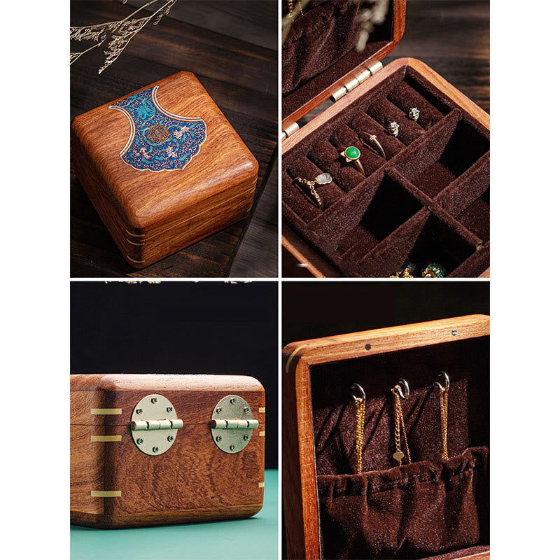 Caja organizadora de regalo de madera, caja de almacenamiento de joyería de palisandro hecha a mano con hoja de flor antigua