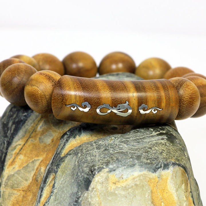 Pulsera de plata de ley 999 con Buddha Stones, sándalo verde, Om Mani Padme Hum, dragón, Fénix, Dharmachakra, con incrustaciones de paz